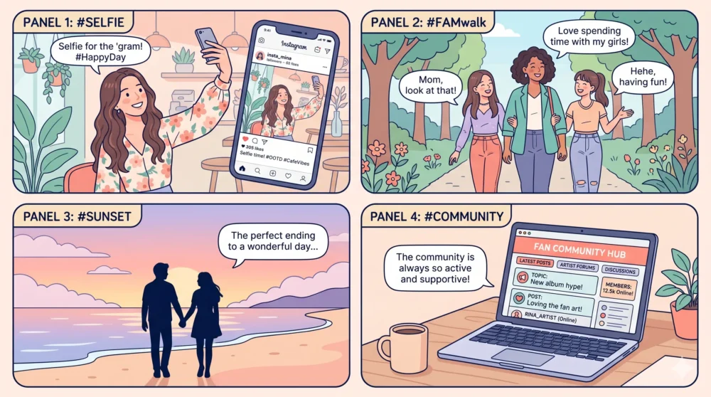 引退後の木下優樹菜のSNS活動、娘たちとの日常、恋人との生活を表す4コマ風イラスト