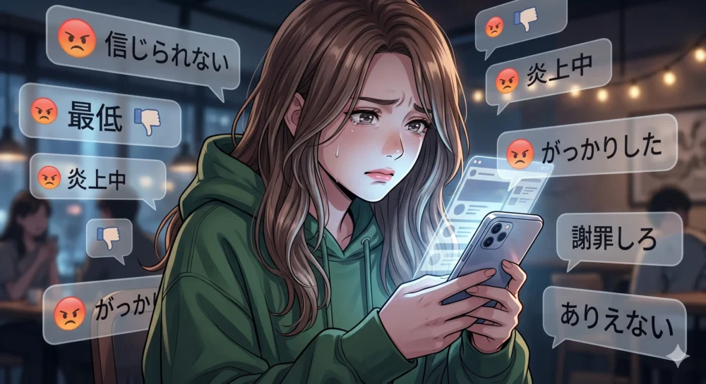 京都の事件へのSNS投稿で批判を受けるインフルエンサー女性のイラスト