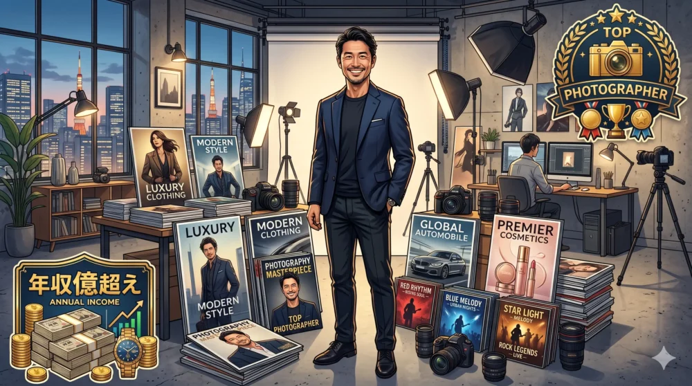 トップフォトグラファーとして活躍する熊田貴樹の成功と年収億超えの可能性を表現したイラスト。