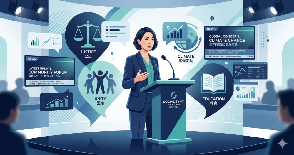 コメンテーターとして活躍する倉田真由美さん。社会問題に対して鋭い視点で提言する、知的な表現者のイラスト。