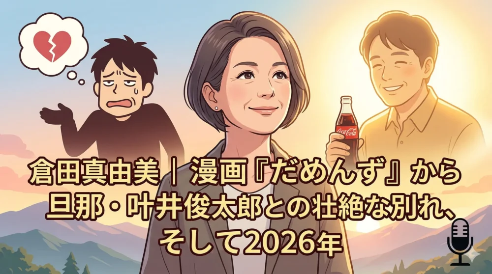 漫画『だめんず・うぉ〜か〜』の作者・倉田真由美さんと、夫の叶井俊太郎さんの絆を描いたイラスト。2026年現在の山歩きやコメンテーターとしての活動までを表現したブログ記事用アイキャッチ画像。