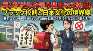 ランドセルにお守りをつけるのを禁止する教師と、その横に大きくタイトルが書かれた、クリックを誘うアイキャッチイラスト。タイトルは「ランドセルお守り禁止で大炎上！ブラック校則と日本文化の境界線」と書かれています。著名人の反応については、「著名コメンテーター・YouTuberも反応！」と一般的な表現にしています。