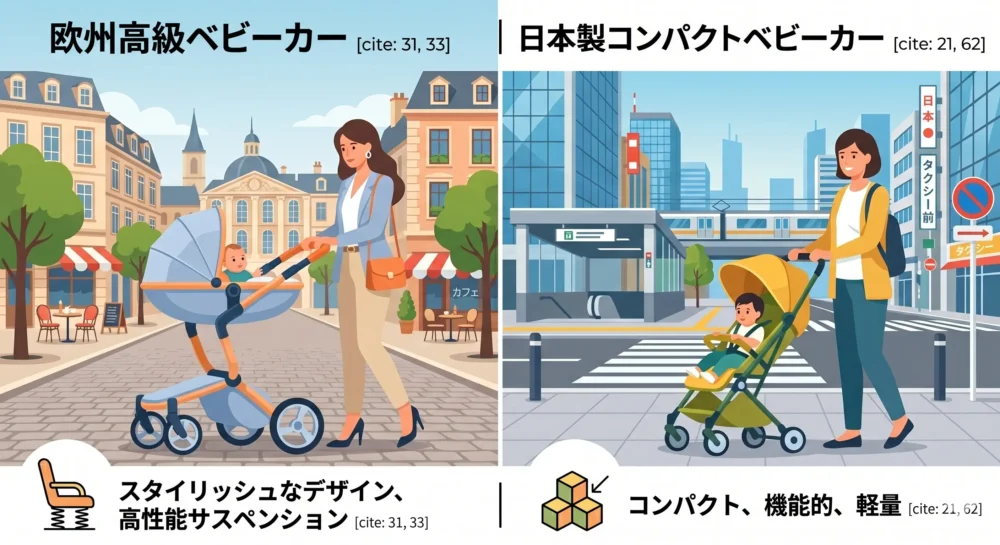 海外製高級ベビーカーと日本産ベビーカーのデザイン・利用シーンの比較イラスト