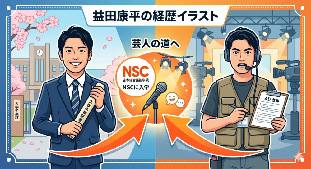 法政大学卒業から元ADの経歴を経て芸人を目指した益田康平の歩みをイメージしたイラスト