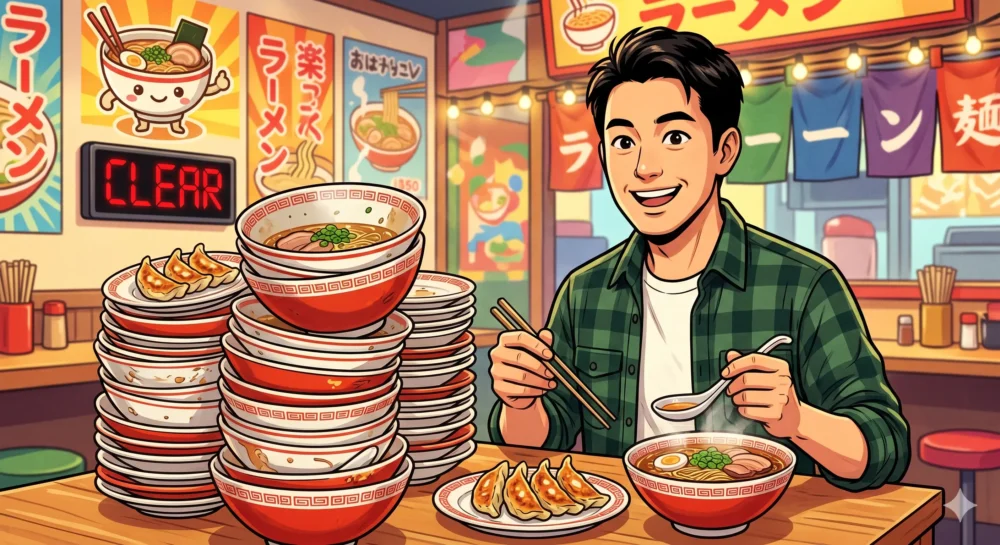 カゲヤマ益田康平の特技である大食いチャレンジをイメージしたイラスト