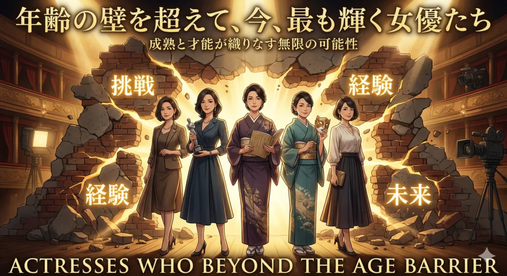 「年齢の壁」を超えて輝き続ける複数の日本人実力派女優たちを象徴するシネマティックなイラスト。崩れる壁と光が未来への可能性を示す。
