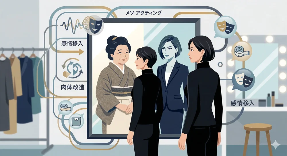 役柄に合わせて体型を変化させる「デニーロ・アプローチ」を象徴する、鏡に映る異なるシルエットのイラスト。