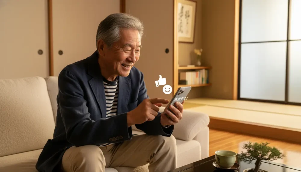 72歳でSNSを積極的に活用し社会問題に発言し続ける三田村邦彦のような、シニア世代の情報発信が社会を動かす時代をイメージした画像。