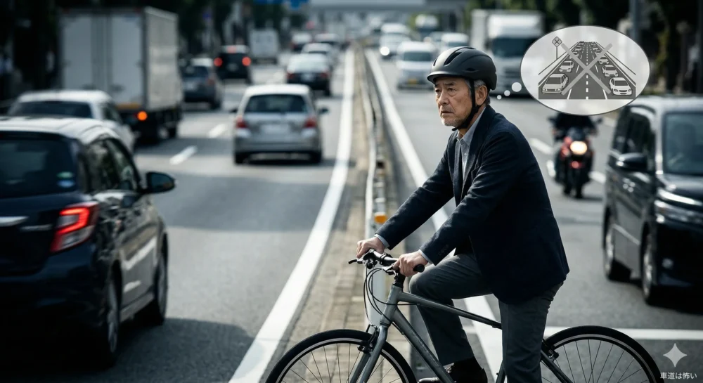 車道で自転車の横を大型トラックが通り過ぎる状況を不安そうに見つめる、三田村邦彦さんをイメージした男性のポートレート。