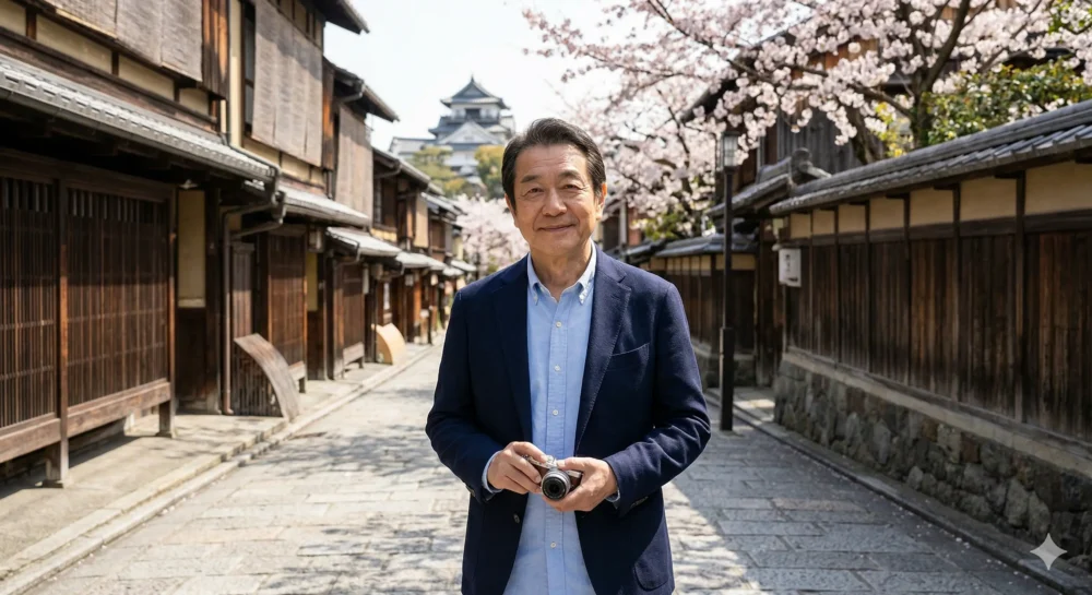 旅番組「おとな旅あるき旅」のロケ中に、日本の歴史ある街並みを笑顔で散策する現在の三田村邦彦（70代）