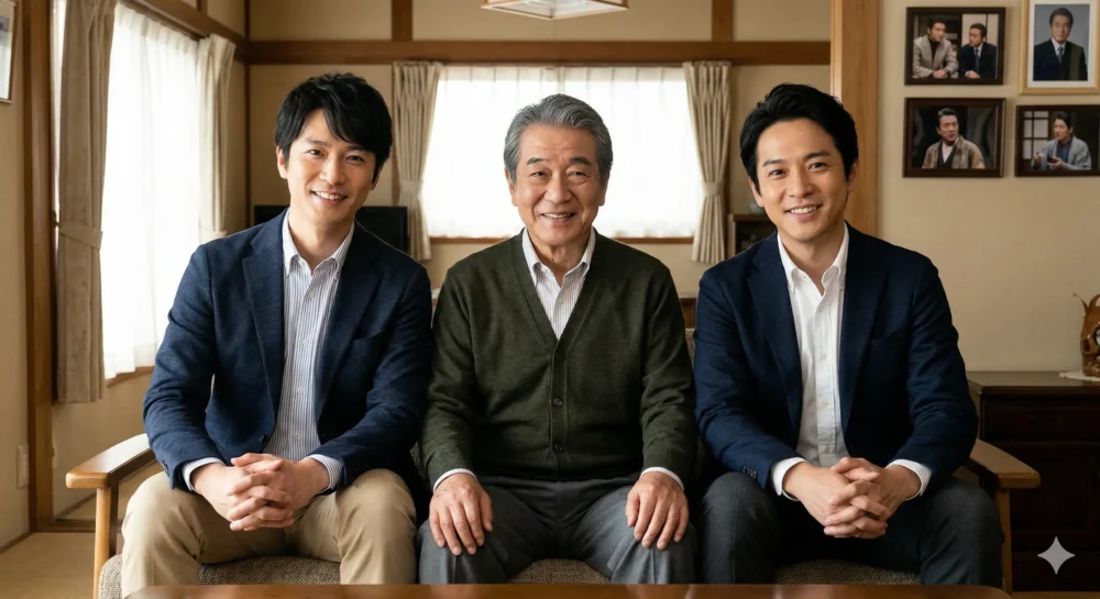 三田村邦彦と、同じく芸能界で活動する3人の息子たち（架空の家族写真）。温かみのある笑顔で並ぶ姿。 |