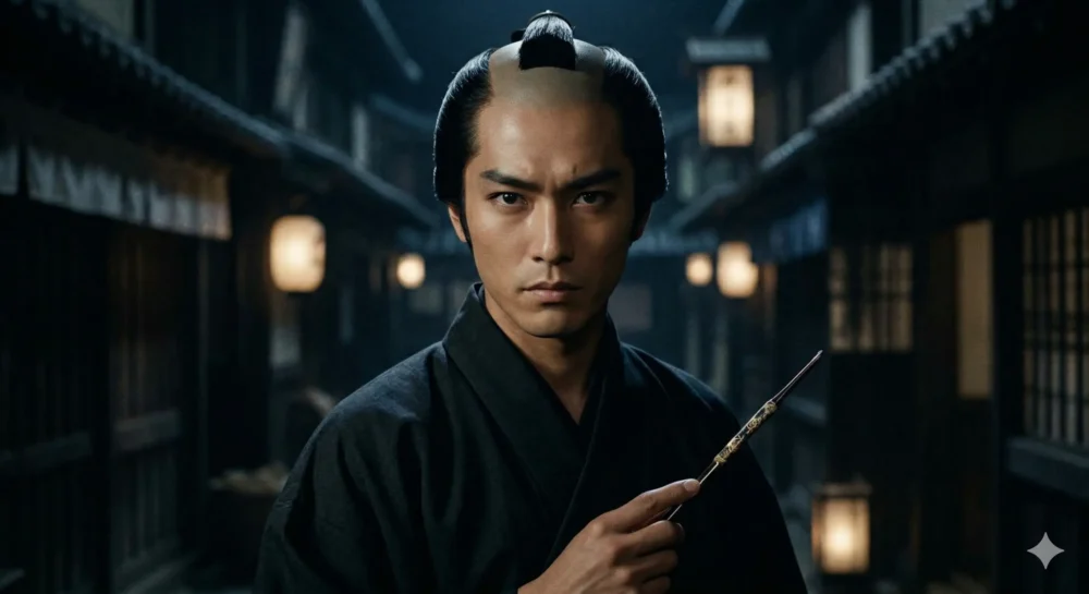 1980年代前半、時代劇「必殺仕事人」で飾り職人の秀を演じる若き日の三田村邦彦。鋭い眼差しのイケメンショット。