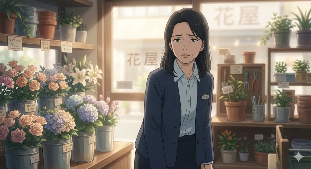 映画「ラプソディ・ラプソディ」の役柄をイメージした、制服姿で涙を流すスリムな女性のイラスト。