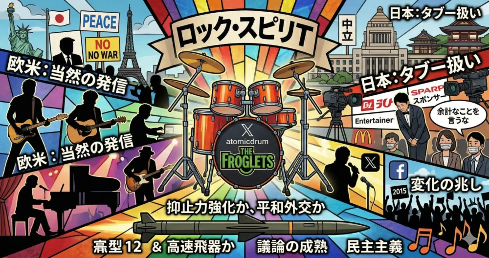 「ミュージシャンと政治」をテーマにしたモダンなステンドグラス風イラスト。左側は欧米のアーティストによる当然の発信、右側は日本でのタブー扱いや変化の兆しが対比的に描かれている。中央のロック精神の象徴としてのドラムセットからは、日本の状況を変える光が伸び、長射程ミサイル問題や抑止力vs平和外交といった議論の成熟へとつながる様子が表現されている。