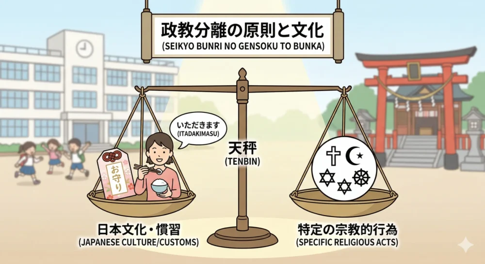 日本文化である「お守り」や「いただきます」が宗教的行為とどう区別されるかを、政教分離の原則の元で図解したイラスト。天秤で文化と宗教を比較しています。