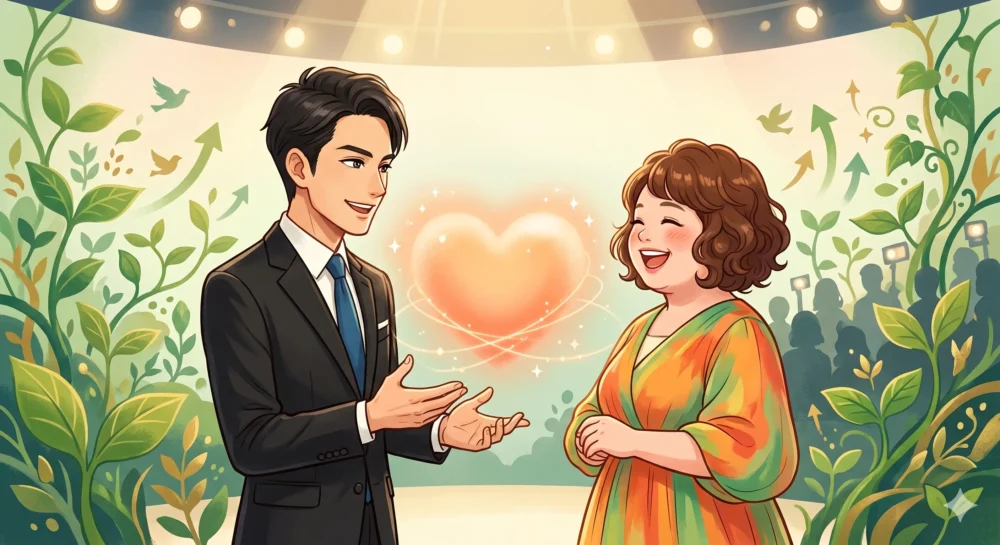 野呂佳代と有吉弘行の、怒る側と怒られる側という枠を超えた信頼関係と本物の成長を表すイラスト