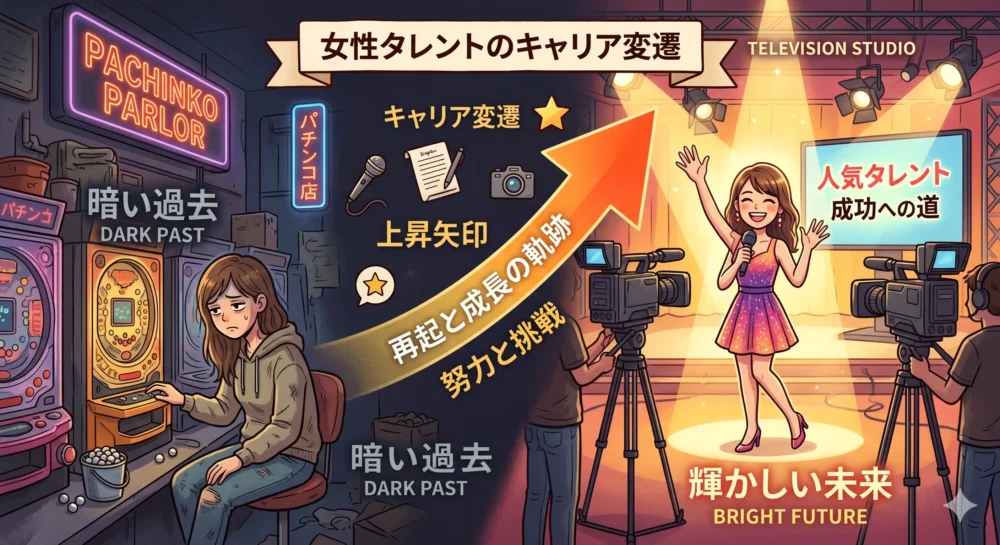 野呂佳代のアイドル卒業後の暗黒時代から、現在のテレビ番組やドラマでの大復活までのキャリア変遷を示す図解イラスト