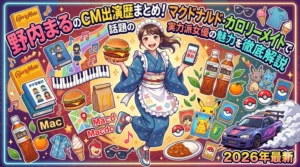 野内まるのCM出演歴まとめ記事のアイキャッチ画像。マクドナルド、カロリーメイトで話題の彼女の魅力と朝ドラ「ばけばけ」での活躍を表現したイラスト。