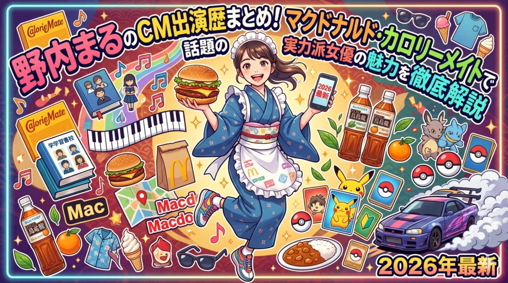 野内まるのCM出演歴まとめ記事のアイキャッチ画像。マクドナルド、カロリーメイトで話題の彼女の魅力と朝ドラ「ばけばけ」での活躍を表現したイラスト。