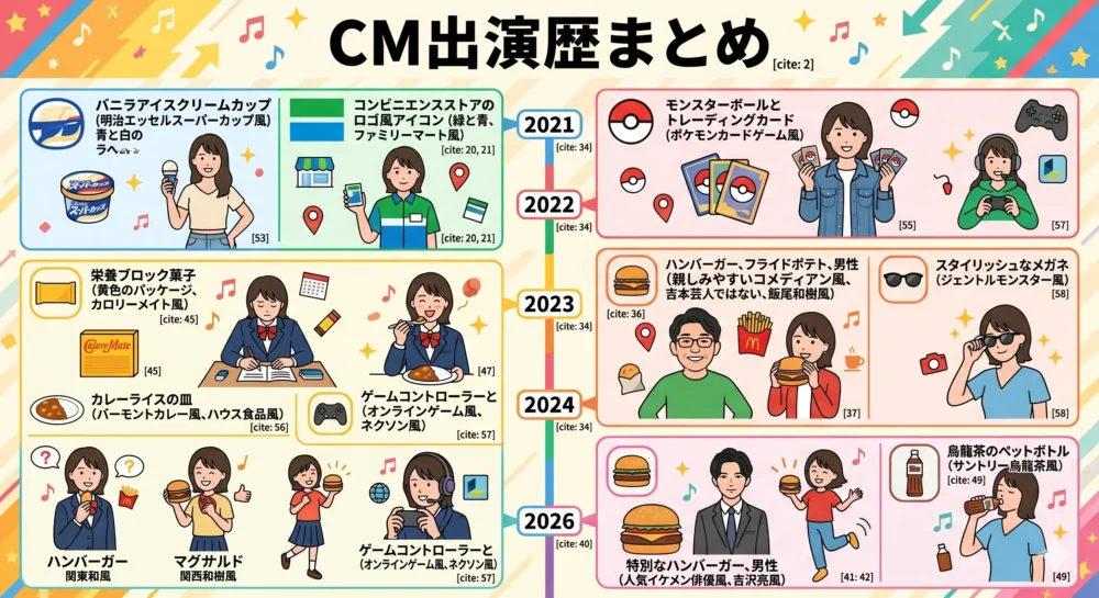 野内まるの歴代CM出演リストを時系列でまとめたインフォグラフィック。マクドナルド、カロリーメイト、サントリーなど。