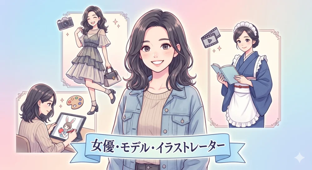 野内まるのプロフィールと経歴。女優、モデル、イラストレーターの「三刀流」活動を表現したイラスト。