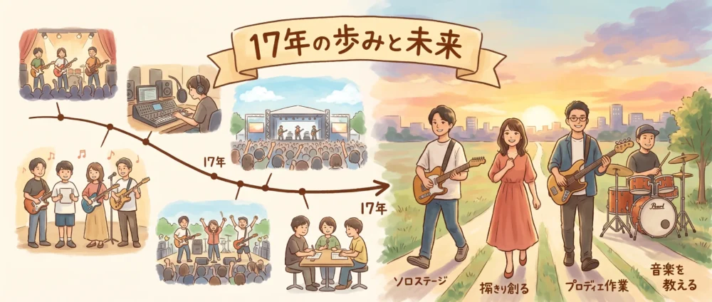 OKAMOTO'Sの17年間の軌跡とここから始まるそれぞれの未来への歩みイラスト