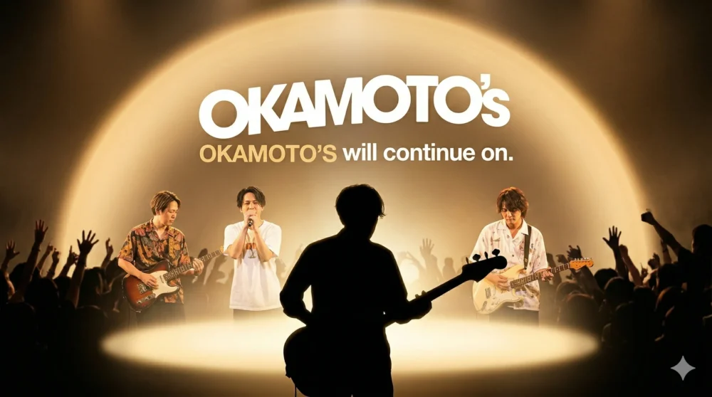 ハマ・オカモト不在のステージで、サポートベーシストを迎えながらも演奏を続けるOKAMOTO'Sのメンバー3人と、それを支えるファンの温かい光。バンドの未来と団結を象徴する画像