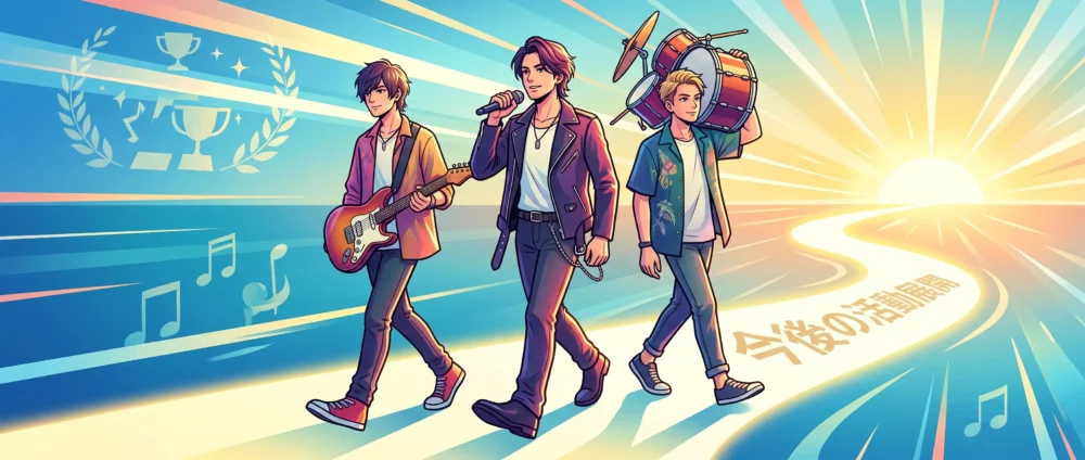 OKAMOTO'Sの3人体制での新曲リリースと全国ツアー展開を表すイラスト