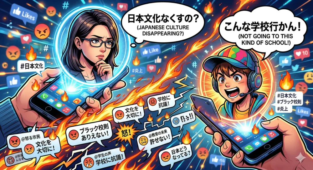 「お守り禁止」騒動に対する、女性コメンテーター(日本文化の危機)と少年YouTuber(学校制度への不信)の反応がSNS上で連鎖的に広がっている様子を描いたイラスト。