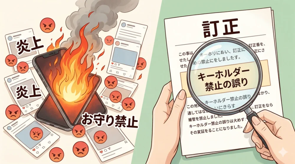 SNSでの「お守り禁止」炎上騒動と、その後のキーホルダー禁止という訂正を対比させたイラスト。炎上するスマホと、訂正文を指す手が描かれています。