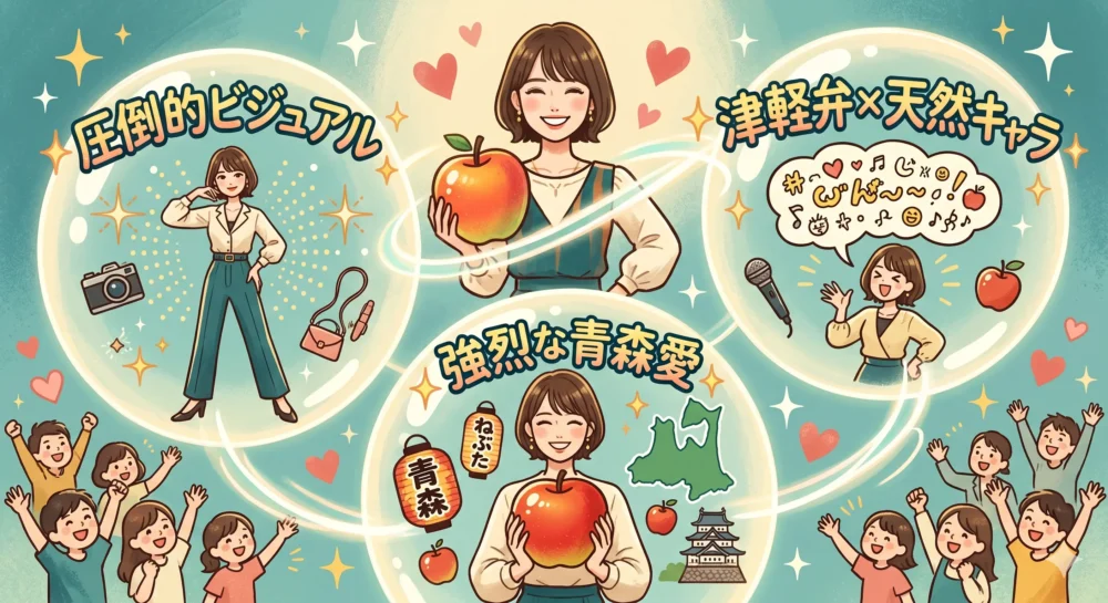 王林の人気の秘密である「津軽弁と天然キャラ」「圧倒的なビジュアル」「強烈な青森愛」のギャップと魅力を表現した、愛らしいイラスト。