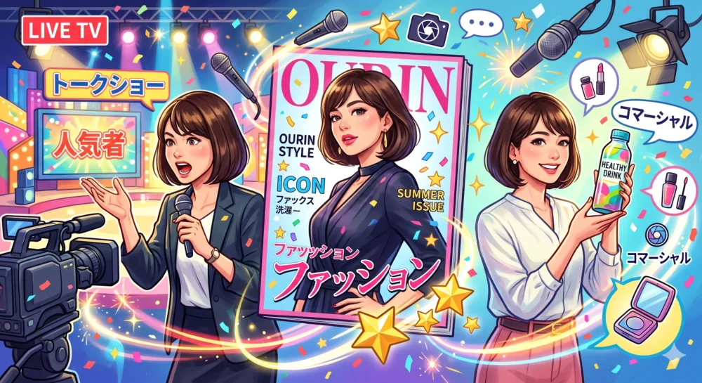 テレビ番組、CM、ファッションモデルなど、多方面で大活躍している現在の王林の姿を描いた、エネルギッシュで華やかなイラスト。