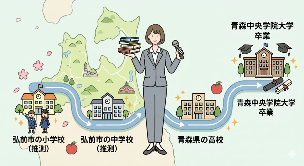 王林の小学校から大学（青森中央学院大学）までの学歴と、アイドル活動を両立させてきた地元青森での歩みを描いたタイムラインイラスト。