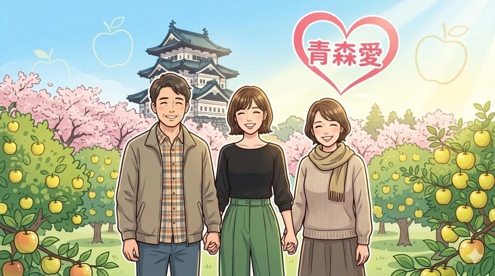 王林の日本人の家族と、出身地である青森県弘前市の美しい風景（弘前城、桜、りんご園）を描いた、温かい雰囲気のイラスト。