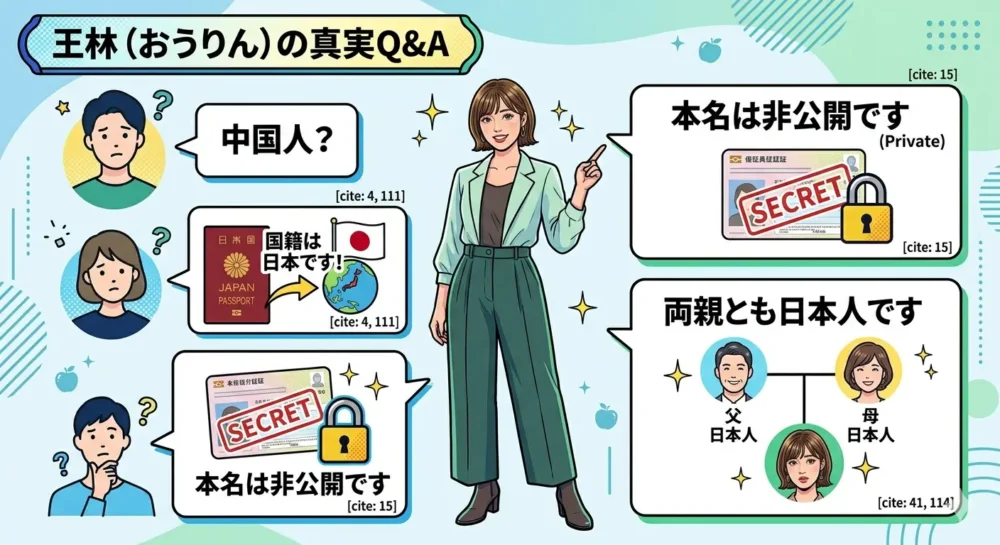 王林の国籍、本名、ハーフ疑惑など、ネット上でよく検索される質問に、笑顔で答える形式のQ&A図解イラスト。