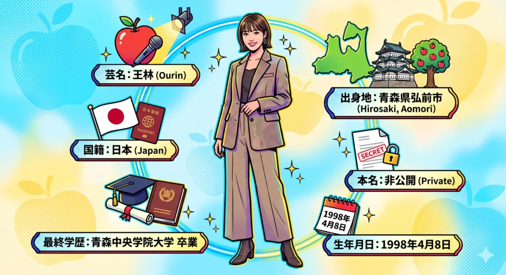 王林（おうりん）の国籍、出身地（青森県弘前市）、生年月日などの基本プロフィールをまとめたおしゃれなインフォグラフィックイラスト。