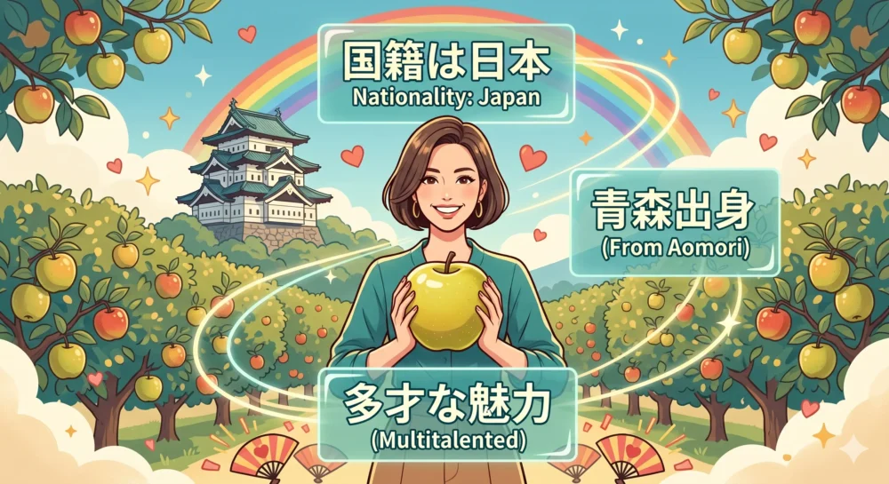 記事のまとめとして、王林の国籍が日本であり、青森を愛する多才なタレントであることを再確認し、今後の活躍を応援するイラスト。