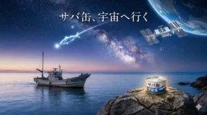 月9ドラマ「サバ缶、宇宙へ行く」のアイキャッチ画像。伝統的な漁船とISS、タイトルが夜空に輝くイメージ