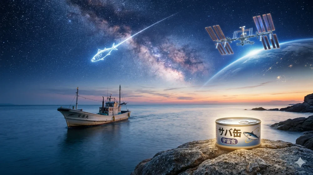 サバ缶が宇宙へ行くという夢の実現と、希望を感じさせる壮大なイメージ