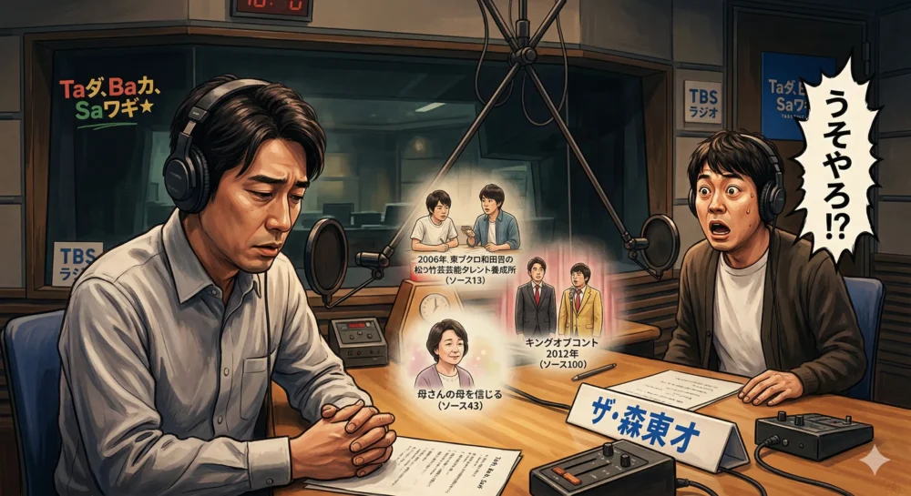 東ブクロの母の最期を聞き、「うそやろ！？」と驚愕する相方・森田哲矢と、2人の長年の絆を表現したラジオブースのイラスト。
