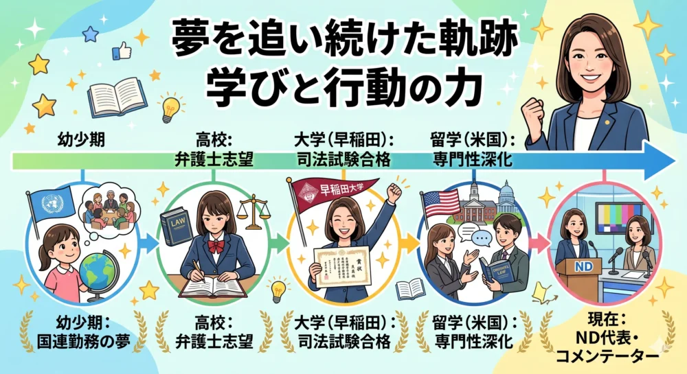 幼少期から大学、留学、そして現在へと続く猿田佐世氏のキャリアと夢を追う軌跡をまとめたタイムラインイラスト