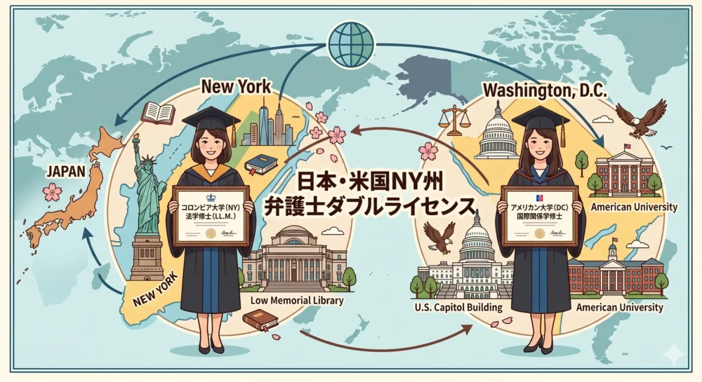 コロンビア大学ロースクールとアメリカン大学院に留学し、日米の弁護士ダブルライセンスを取得した猿田佐世氏の経歴のイラスト