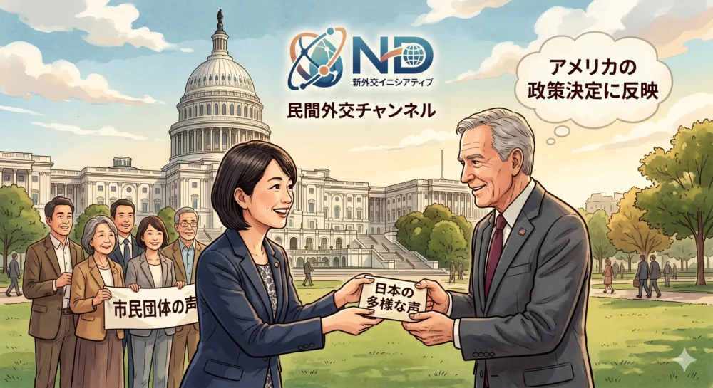 ワシントンでの経験から、日本の多様な声を米国の政策決定に届けるためのシンクタンク「新外交イニシアティブ（ND）」を設立した猿田佐世氏の活動のイラスト