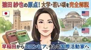 猿田佐世氏の大学・若い頃を解説したブログ記事のアイキャッチ画像。早稲田大学、司法試験、コロンビア大学、そして国際活動家としての原点を描くイラスト