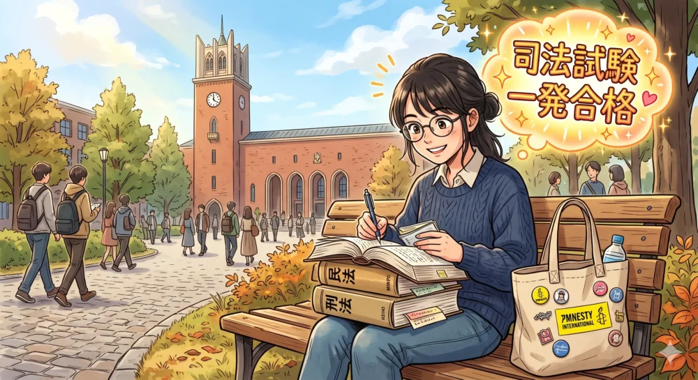 早稲田大学法学部在学中にアムネスティの活動に参加し、司法試験一発合格を成し遂げた猿田佐世氏の学生生活のイラスト