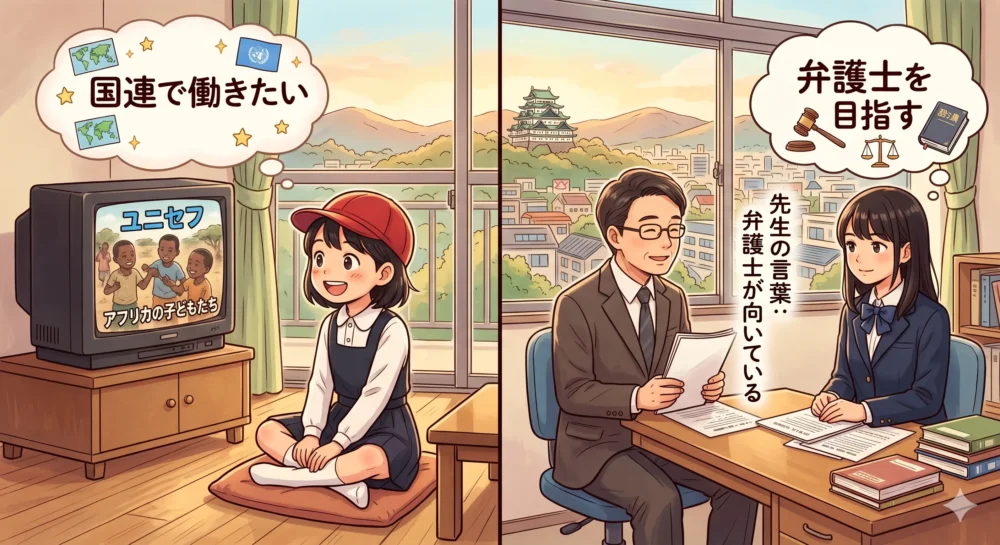幼少期にユニセフの活動に感銘を受け国連勤務を夢見ていた少女が、高校時代に先生のアドバイスで弁護士を志すようになった猿田佐世氏のエピソードのイラスト