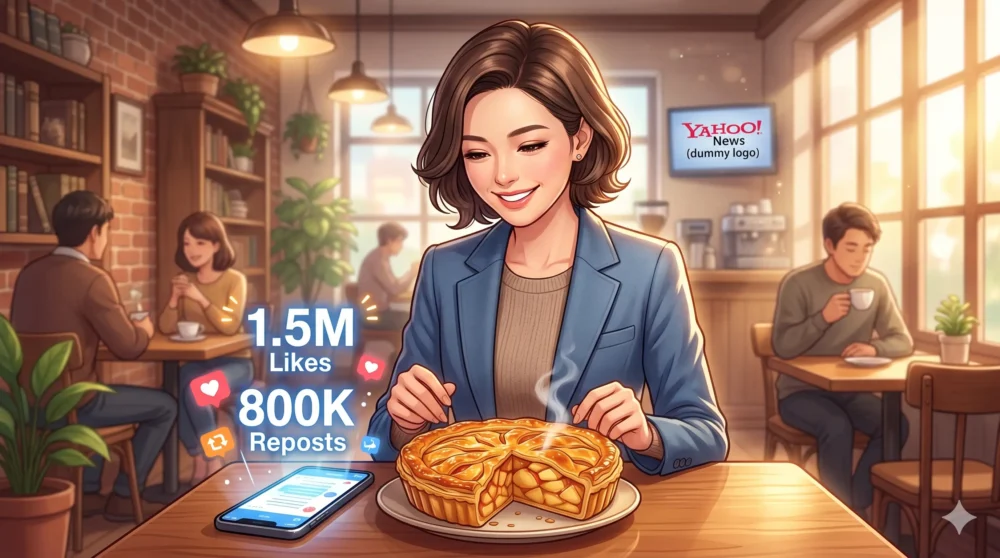 喫茶店で巨大な「ゴロゴロ」アップルパイを前に笑顔を見せる佐々木沙羅アナと、その投稿がSNSでバズっている様子をイメージしたイラスト。