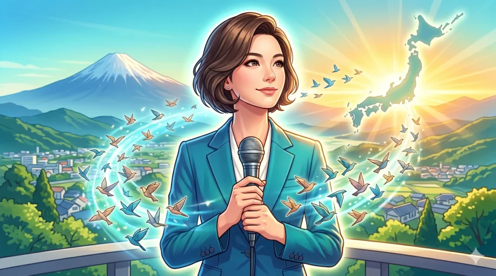 静岡の富士山を背景に、マイクを持って未来を見据える佐々木沙羅アナウンサーと、その活躍が全国に広がる様子をイメージしたイラスト。