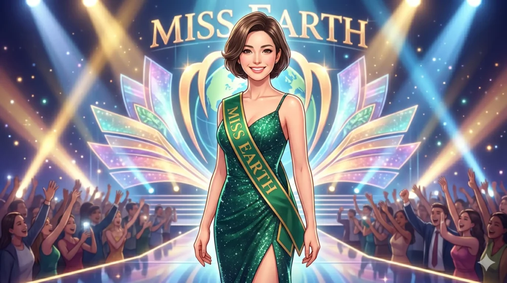 ミス・アース・ジャパン東京大会ファイナリストとして、グリーンサッシュを着用しステージで微笑む佐々木沙羅アナウンサーの大学時代の経歴をイメージしたイラスト。