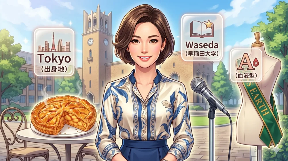 早稲田大学の大隈講堂を背景に、知的な表情で立つ佐々木沙羅アナウンサーのプロフィールをイメージしたイラスト。